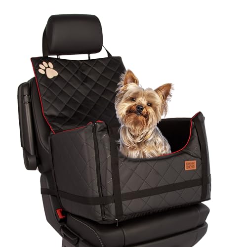 Golden Dog - Transportbox Hund mit Sicherheitsgurt S-45x35x33 cm - Leder Imitation Autositz Hund, Wasserdicht Hundesitz Auto - Beifahrersitz Hundebox Faltbar - Anschnallgurt Hundekorb Auto, Schwarz von GOLDEN DOG