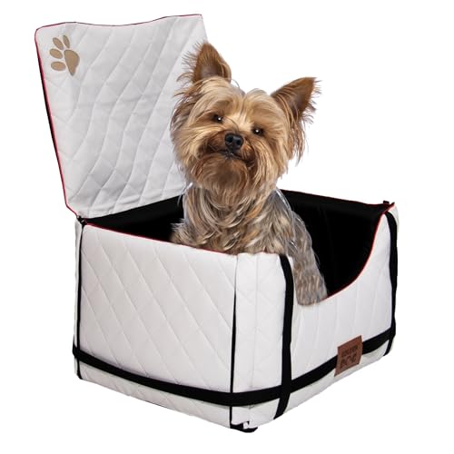 Golden Dog - Transportbox Hund mit Sicherheitsgurt S-45x35x33 cm - Leder Imitation Autositz Hund, Wasserdicht Hundesitz Auto - Beifahrersitz Hundebox Faltbar - Anschnallgurt Hundekorb Auto, Weiß von GOLDEN DOG