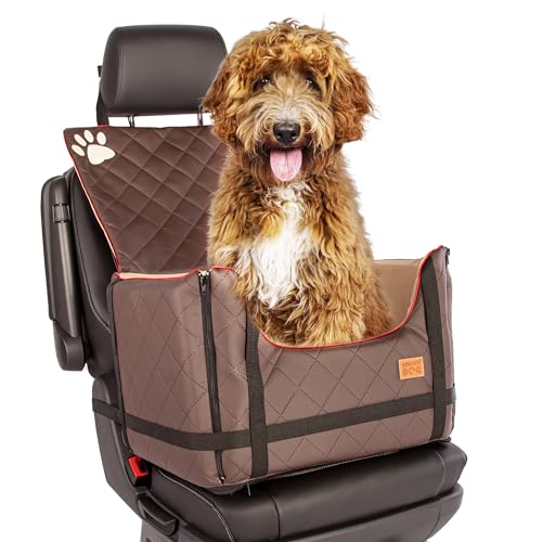 Golden Dog - Transportbox Hund mit Sicherheitsgurt XL-75x55x33 cm - Leder Imitation Autositz Hund, Wasserdicht Hundesitz Auto - Beifahrersitz Hundebox Faltbar - Anschnallgurt Hundekorb Auto, Braun von GOLDEN DOG