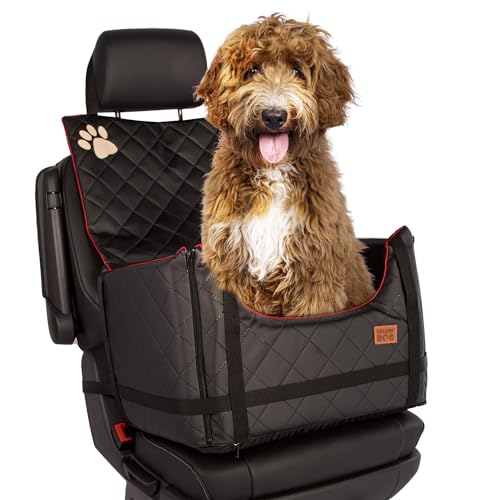 Golden Dog - Transportbox Hund mit Sicherheitsgurt XL-75x55x33 cm - Leder Imitation Autositz Hund, Wasserdicht Hundesitz Auto - Beifahrersitz Hundebox Faltbar - Anschnallgurt Hundekorb Auto, Schwarz von GOLDEN DOG