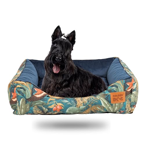 GoldenDog Hundebett Hundekorb Waschbarer Hundekorb Flauschige Hundematratze mit erhöhten Rändern Weiches Hundesofa, Katzen Samt „Square Kinia“ (Vögel, L) von GOLDEN DOG