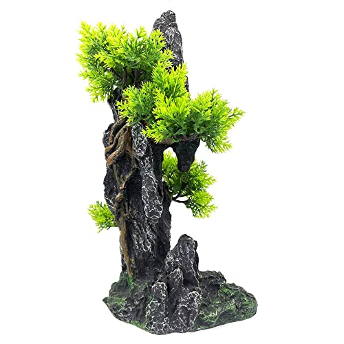 GOLOMOZ Aquarium Bergblick Stein Ornament Baum Felsen Höhle – Aquarium Dekorationen groß und hoch Aquarium Dekorationen für große Aquarien – 34 cm hoch von GOLOMOZ