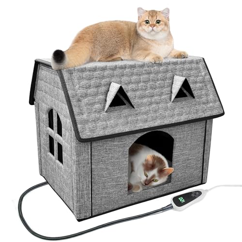 GOLOPET Beheiztes Katzenhaus mit intelligentem Thermostat, Katzenhaus für Indoor Outdoor Kitty, faltbares Welpenbeheiztes Bett mit niedlichen Fenstern, stabil und wasserdicht für alle Jahreszeiten von GOLOPET