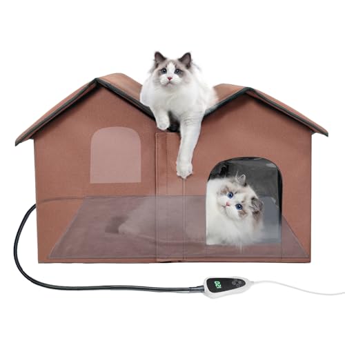 GOLOPET Beheiztes Katzenhaus mit intelligentem Thermostat, faltbarer isolierter Unterschlupf für Indoor-Outdoor-Katzen, große Größe mit Doppelzimmer und 2 Türen, abnehmbares Heizkissen-Anzug für alle von GOLOPET