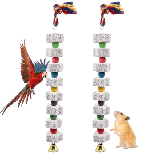 2 Pack Großes Vogel-Kauspielzeug, 35cm Lange Vogel Papagei Kau-Spielzeug,Mineralstein-Backenzahn-Spielzeug mit Glocke,Vogel Hamster Nymphensittich Wellensittich Futter Spielzeug Kauspielzeug von GOMETY