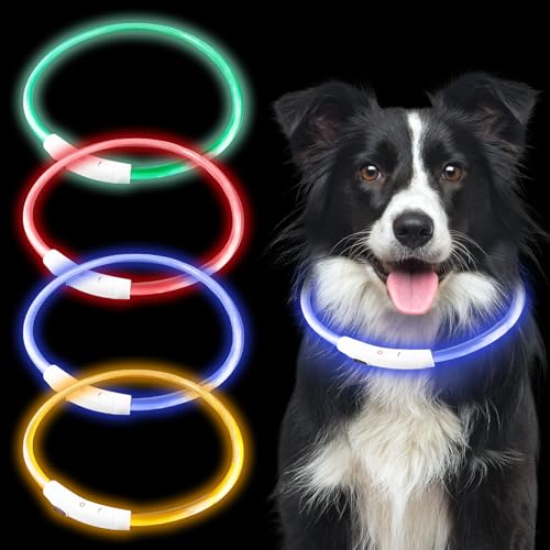 4 Stück USB Leuchthalsband Hund, 3 Blitzmodi Leuchtendes Hundehalsband Wiederaufladbar, Längenverstellbares LED-Halsband Wasserdicht Hohe Sichtbarkeit für Mittlere Hunde (Rot, Gelb, Blau, Grün, L) von GOMETY