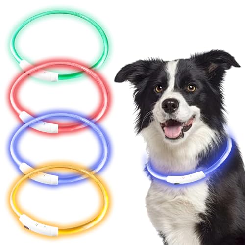 4 Stück USB Leuchthalsband Hund, 3 Blitzmodi Leuchtendes Hundehalsband Wiederaufladbar, Längenverstellbares LED-Halsband Wasserdicht Hohe Sichtbarkeit für Mittlere Hunde (Rosa,Orange,Blau, Grün, M) von GOMETY