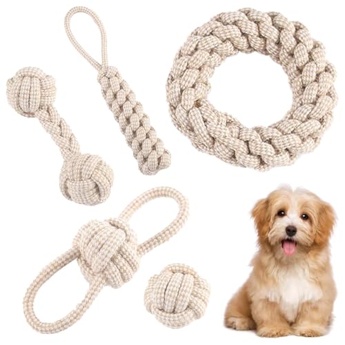 5 Stück Kauen Hundespielzeug Set,Interaktives Kauspielzeug aus Natürlicher Baumwolle,Hundespielzeug Seil mit Knoten Ball,für Kleine Mittlere Große Welpen Katzen Haustier Zahnpflege,Beige Leinen von GOMETY