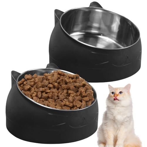 GOMETY 2 PCS Katzennapf Edelstahl, 400ML Katzen Futternapf 15° Geneigter Erhöhter zum Schutz Halswirbelsäule Fressnapf für Katze Hunde Abnehmbarer Katzennäpfe rutschfest Edelstahlnapf für Futter Wass von GOMETY