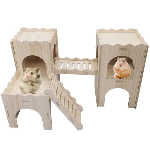 GOMETY Groß Meerschweinchen Haus, Mehrkammernhaus Hamster Haus Holz, Spielplatz Hamster Versteck Hamsterhaus Treppe Spielzeug Hamster Zubehör Meerschweinchen Spielzeug Haus für Zwerghamster Rennmäuse von GOMETY