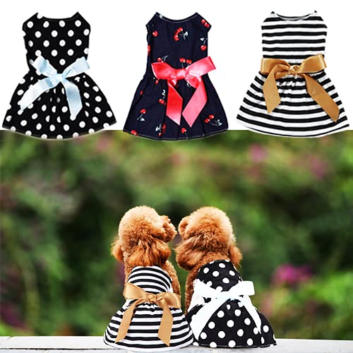 3 Stücke Niedlich Hundekleid Hundekleidung für Kleine Hunde Mädchen Elegante Schleife Hundebekleidung Haustier Kleidung für Welpen und Katzen auf Hochzeit Weihnachten Frühling Sommer (Weiße Punkte, Schwarz Weiß Streifen, Kirschen, S) von GONDMAX