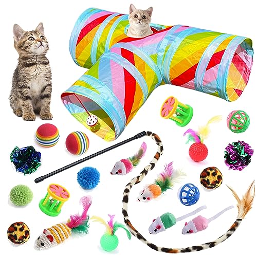 Cat Toys Kitten Toys for Indoor Cats Collapsible Cat Tunnels Tube Toy Bundle Pack, Cat Feather Teaser Wand Interactive Feather Toy Fluffy Mouse Crinkle Balls Bell Play for Cat Puppy Kitty Kitten von GONPETGP