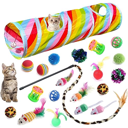 Katzenspielzeug Kätzchen-Spielzeug für Indoor-Katzen, zusammenklappbare Katzentunnel, Röhrenspielzeug-Set, Katzenfeder-Teaser, Zauberstab, interaktives Federspielzeug, Maus-Knisterbälle, Glockenspiel von GONPETGP