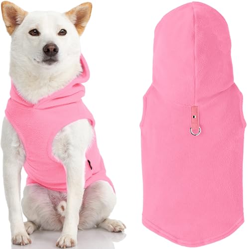 Gooby - Fleece-Weste mit Kapuze, für kleine Hunde, Fleece-Jacke mit Leinen-Ring, Pink, Größe L von GOOBY