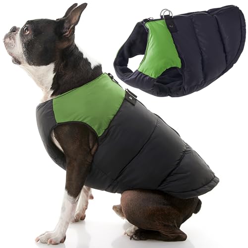 Gooby Grüne Hundejacke aus Polyester, Größe L, ab 6,8 kg, wasserabweisend, mit Fleece gefüttert, mit Ring für die Leine – Kaltwettermantel für kleine Rassen, Grün von GOOBY