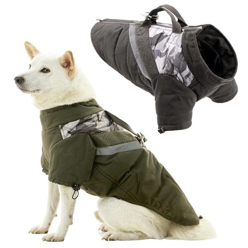 Gooby Mountaineer Jacke, Camouflage, Größe L, wasserdicht, reflektierendes Futter, Jacke mit Hebegriff und Leinenbefestigungen für kleine Hunde und mittelgroße Hunde, Olivgrün von GOOBY