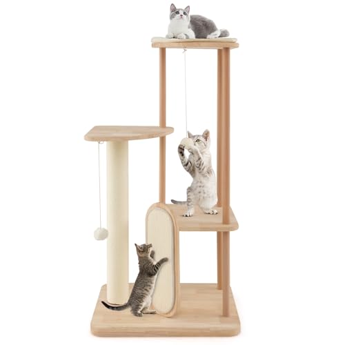 GOPLUS 112cm Kratzbaum, Katzenbaum Holz mit Sisal-Kratzbrett und -Stamm, Gepolsterter Ruheplatz, 2 Plattformen, 2 Hängespielzeug, Katzenkratzbaum Aktivitätszentrum für Katzen, Beige von GOPLUS