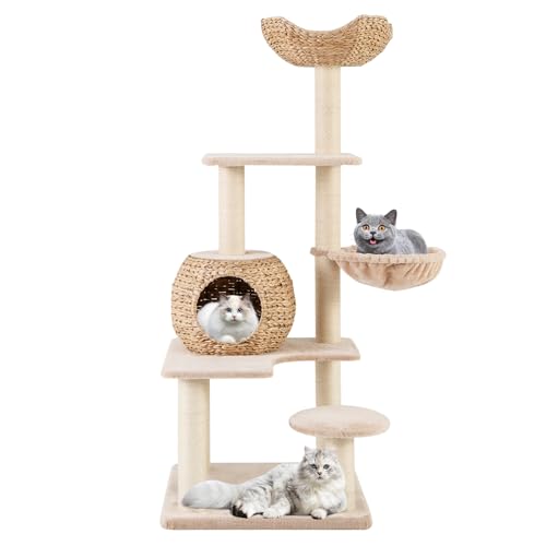 GOPLUS 150cm Katzenbaum, Kratzbaum mit Katzenhöhle, Plüsch-Sitzplatz, weichem Hängematte, Plattformen und Sisal-Kratzpfosten, Aktivitätszentrum für Katzen bis 10 kg, Beige+Natur von GOPLUS