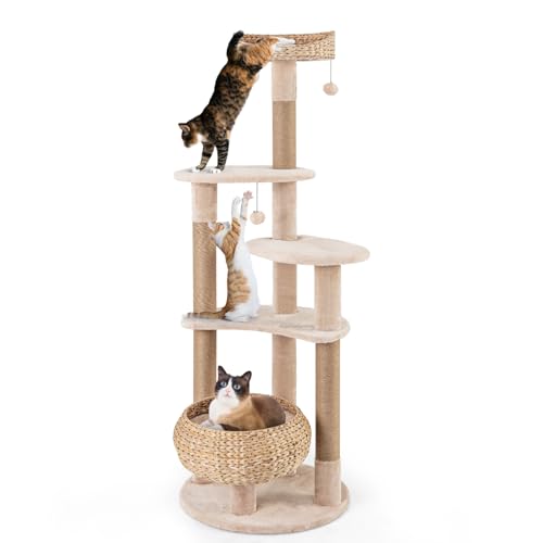 GOPLUS 164cm Katzenbaum, mehrstöckiger Kratzbaum mit Jutekratzsäulen, baumelnden Bällen, Schilfrohrkorb & Ruheplatz, plüschiger Aktivitätsbereich für Innenkatzen, Beige & Natur von GOPLUS