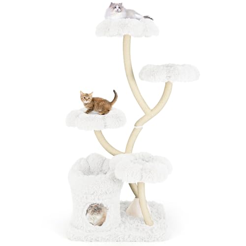 GOPLUS 165 cm Kratzbaum, mehrstufiger Katzenbaum mit 4 blumenförmigen Plattformen, 1 Höhle & 1 Katzenbett, stabile Katzenmöbel mit Sisal-Kratzsäulen, für kleine Katzen (Beige) von GOPLUS