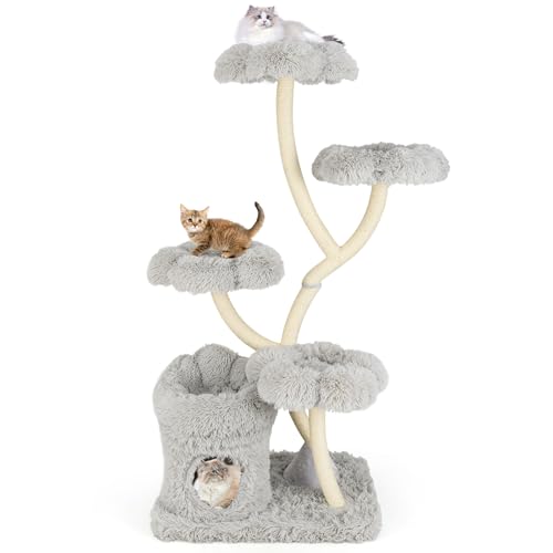 GOPLUS 165 cm Kratzbaum, mehrstufiger Katzenbaum mit 4 blumenförmigen Plattformen, 1 Höhle & 1 Katzenbett, stabile Katzenmöbel mit Sisal-Kratzsäulen, für kleine Katzen (Grau) von GOPLUS