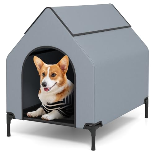 GOPLUS 2 in 1 Hundebett & erhöhte Hundehütte, Haustierbett Outdoor, wetterfestes Haustierhaus mit belüfteten Fenstern, Bettmatte aus Netzgewebe für den Innen- & Außenbereich (64 x 91 x 86 cm) von GOPLUS