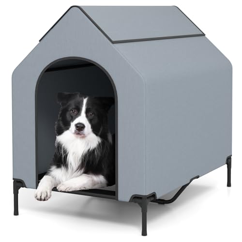 GOPLUS 2 in 1 Hundebett & erhöhte Hundehütte, Haustierbett Outdoor, wetterfestes Haustierhaus mit belüfteten Fenstern, Bettmatte aus Netzgewebe für den Innen- & Außenbereich (75 x 110 x 106 cm) von GOPLUS