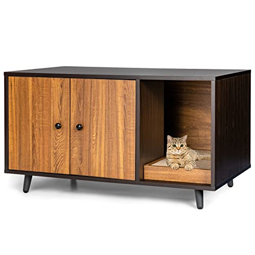 GOPLUS 2 in 1 Katzenschrank für Katzentoilette, Katzenhaus Holz mit Türen, Stahlbeine, abnehmbare Kratzbox, Wasser- und Kratzfest, Katzenhöhle für Katzen Haustier, 90x50x50cm (Braun) von GOPLUS