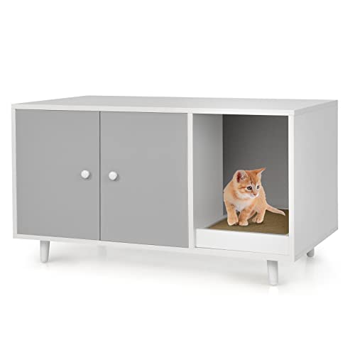 GOPLUS 2 in 1 Katzenschrank für Katzentoilette, Katzenhaus Holz mit Türen, Stahlbeine, abnehmbare Kratzbox, Wasser- und Kratzfest, Katzenhöhle für Katzen Haustier, 90x50x50cm (Grau) von GOPLUS