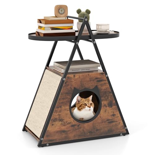 GOPLUS 2 in 1 Katzenschrank & Beistelltisch, dreieckiger Nachttisch mit verstecktem Katzenhaus & Sisalmatten, Haustiermöbel Indoor für kleine Katzen und Hunde, 60 x 63 x 76 cm, Braun von GOPLUS