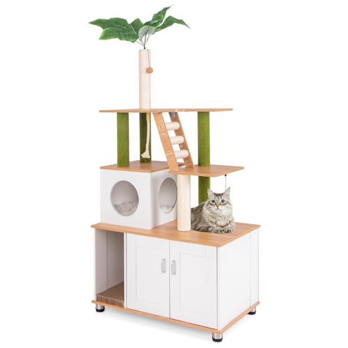 GOPLUS 2 in 1 Kratzbaum mit Katzenschrank, Katzenbaum mit Katzenhaus, Sisalpfosten, Hängeseil, baumelnden Bällen, Kratzbrett & verstecktem Toilettenbereich, große Katzenmöbel für Hauskatzen von GOPLUS