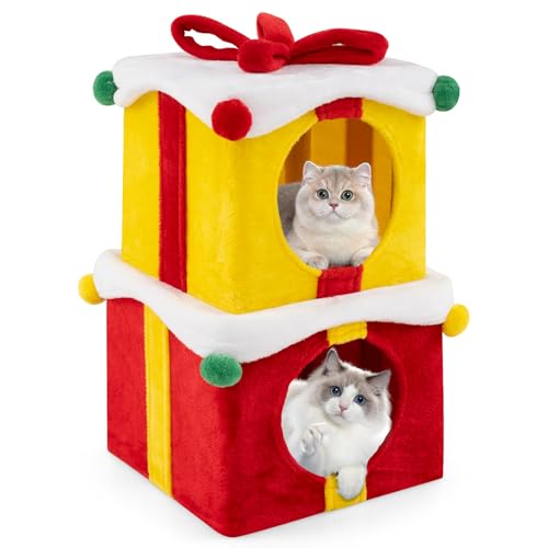 GOPLUS 2er-Set Katzenhäuser in Form Einer Weihnachtsgeschenkbox, Katzenhöhle Hundehütte Indoor für Katzen und Hunde, Katzenhaus mit Plüschbezug bis 10 kg belastbar, Rot + Gelb von GOPLUS