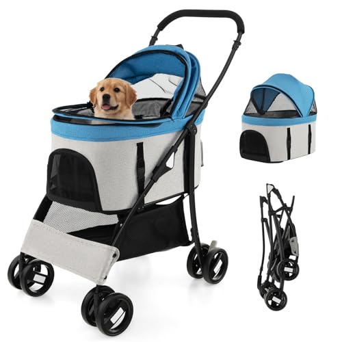 GOPLUS 3 in 1 Hundewagen, Hundebuggy mit abnehmbarem Träger, verstellbarem Vordach, Netzeingang mit Reißverschluss & Bodenkorb, Haustiere Buggy für kleine/mittelgroße Hunde & Katzen (Blau) von GOPLUS