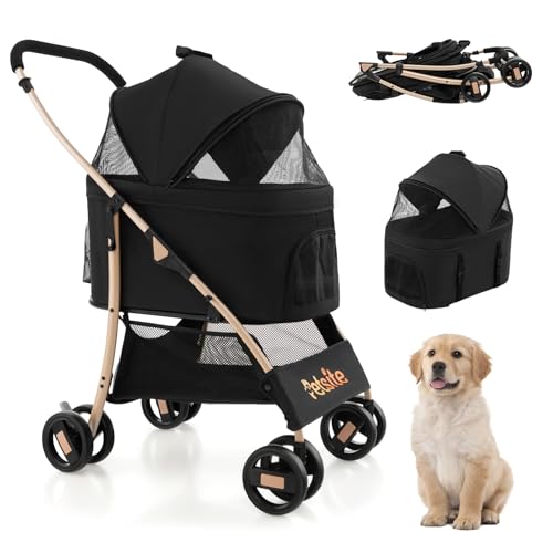 GOPLUS 3 in 1 Hundewagen, Hundebuggy mit abnehmbarem Träger, verstellbarem Vordach, Netzeingang mit Reißverschluss & Bodenkorb, Haustiere Buggy für kleine/mittelgroße Hunde & Katzen (Schwarz) von GOPLUS