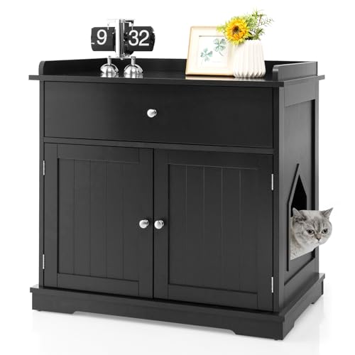 GOPLUS 3 in 1 Katzenschrank, Katzenklo mit Schubladen, Doppeltüren und Katzenlöchern, versteckte Katzentoilette, Katzenstreu-Beistelltisch für Wohnzimmer, Schlafzimmer & Balkon (Schwarz) von GOPLUS