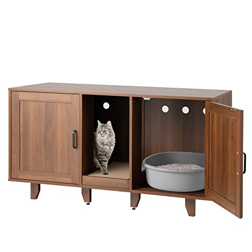 GOPLUS 3 in 1 Katzenschrank, Katzentoilette mit 2 Türen & abnehmbaren Beinen & herausnehmbarem Kratzbrett, Katzenhöhle Beistelltisch TV-Ständer für 2 Katzen, 120x52x65cm (Braun) von GOPLUS