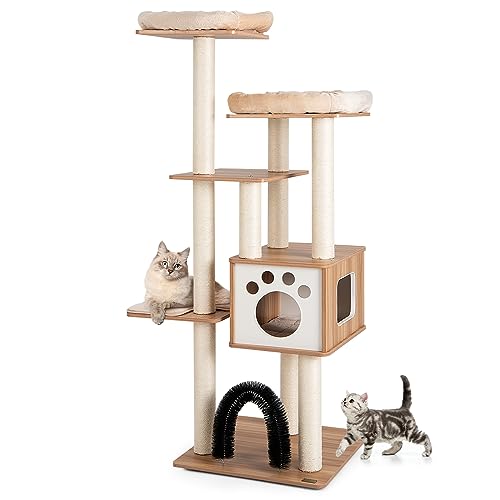 GOPLUS 6-stufiger Kratzbaum aus Holz, Katzenbaum mit gemütlicher Matten, Sisalstämmen & Katzenhaus, multifunktionaler Katzenkratzbaum zum Klettern und Spielen, für Haustiere, Beige von GOPLUS