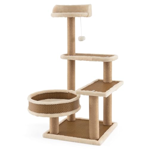 GOPLUS 89 cm Katzenbaum, Multifunktionaler Katzenturm mit Katzenbett, Oberen Nestern, Kratzpfosten & 2 Katzenpfoten-Spielzeugbällen, Indoor Plüsch Katzenhaus für Große Katze und kleine Katze von GOPLUS