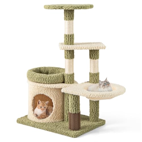 GOPLUS 97 cm Kratzbaum, Katzenbaum mit oberer Liegefläche, Katzenwohnung, seitlichem Korb, Selbstpflegebürste, Sisal-Kratzstämmen, gepolstertem Kissen, Indoor Aktivitätszentrum für Katzen von GOPLUS