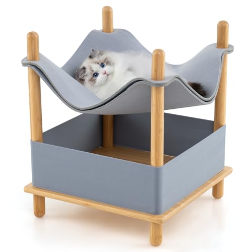 GOPLUS Erhöhtes Katzenbett, 2-stöckiges Katzenhaus für Katzen & Kätzchen mit Doppelschicht-Oberfläche, Katzenhöhle, Hängematte & Stauraum, Katzenmöbel aus Bambus 40 x 40 x 53 cm, Grau von GOPLUS