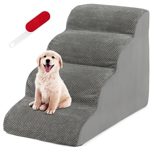 GOPLUS Haustiertreppe aus Schwamm, Hundetreppe mit Waschbar Bezug, rutschfeste Hunderampe für kleine Hunde und Katzen zum Klettern auf Hochbetten und Sofas, bis zu 30 kg belastbar (4-Stufen Grau) von GOPLUS