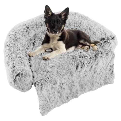 GOPLUS Hundebett, Flauschige Hundematte mit Sofabezug & Abnehmbarer Waschbarer Überzug, Haustiersofabett mit Weichem Nackenpolster & Tragegriff für Hunde Katzen (M (112 x 101 x 18 cm), Grau) von GOPLUS