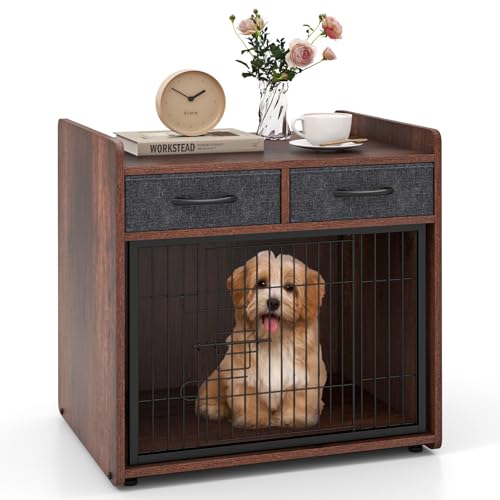 GOPLUS Hundekäfig, Hundebox mit 2 Stoff-Schubladen, abschließbare Tür, Hundehütte Indoor, Tierkäfig Haustierkäfig für Kleine und Mittelgroße Hunde, 62x49,5x63cm von GOPLUS