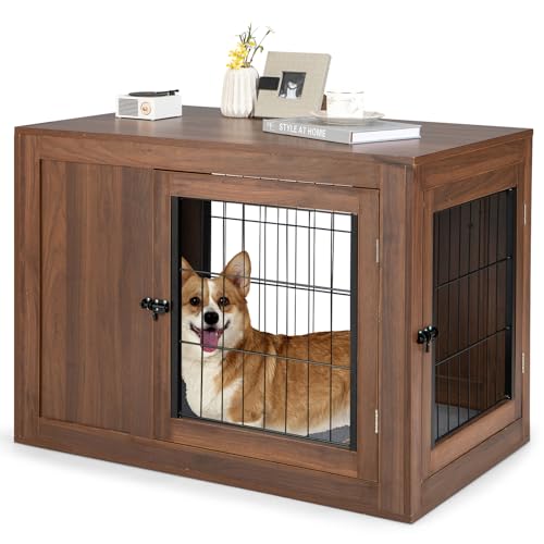 GOPLUS Hundekäfig aus Holz, Moderne Hundehütte mit weiches Hundebett & 2 abschließbare Metalltüren, Stabiler Tierkäfig mit großer Tischplatte, für kleine & mittelgroße Hunde, 92x59x66,5cm von GOPLUS