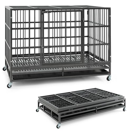 GOPLUS Hundekäfig klappbar, Hundebox aus Metall mit feststellbaren Rädern, Transportkäfig mit doppelten verschließbaren Türen & herausnehmbarem Tablett, Haustierbox für Hunde (120 x 76 x 90 cm) von GOPLUS