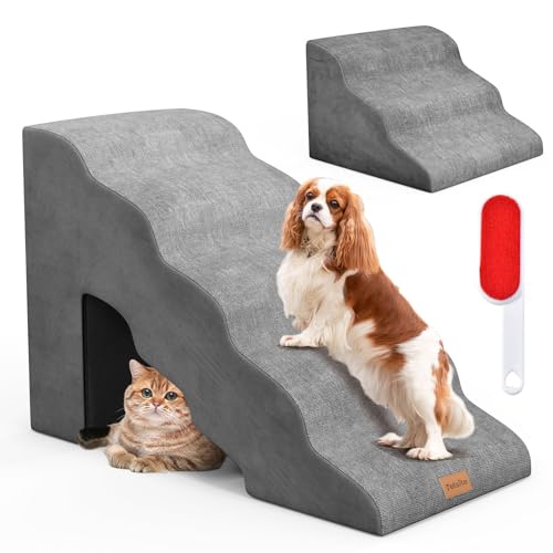 GOPLUS Hundetreppe für kleine Hunde, Haustiertreppe mit 3/5-stufiger Rampe, aus weiche Schaumstoff, Hundestufen mit Haustierloch, Rutschfester Unterseite, 51cm für hohe Betten, Couch, Sofa (Grau) von GOPLUS