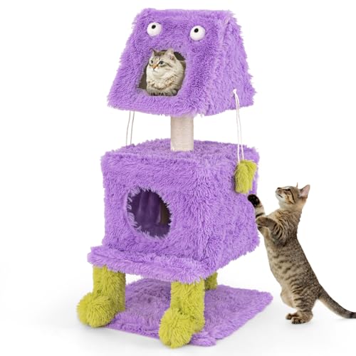 GOPLUS Katzenbaum, Katzenbaum in Monstermotiv mit 2 privaten Katzenhöhlen, Sisalpfosten und hängenden Spielzeugen, Katzenkratzbaum Holz aus langem Plüsch für Hauskatzen und Kätzchen von GOPLUS