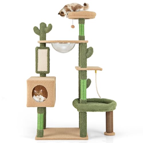 GOPLUS Katzenbaum Kaktus, Katzenbaum mit 2 Sitzflächen, 2 Katzenhöhlen, Hängematte, 2 Bällen, Sisalpfosten, Rampe & waschbaren Kissen, Katzenturm Katzenkratzbaum aus Holz für Hauskatzen (160cm hoch) von GOPLUS