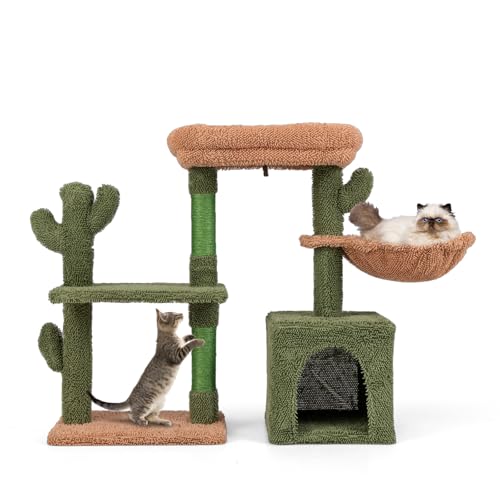 GOPLUS Katzenbaum Kaktus, Katzenbaum mit Plüschsitzplatz, Hängematte, Katzenhöhle, Kratzstämme & Waschbare Kissen, Katzenturm Katzenkratzbaum aus Holz für Hauskatzen (81cm hoch) von GOPLUS