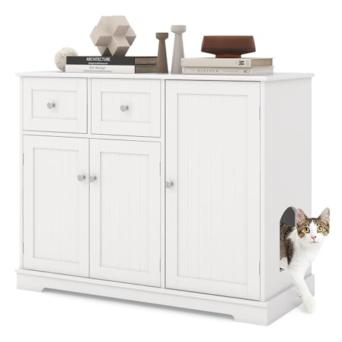 GOPLUS Katzenschrank für Katzentoilette, Beistellschrank mit 3 Türen, Katzenklo mit geräumiger Oberseite, 2 Aufbewahrungsschubladen und seitlichem Eingang für Katzen, 100 x 45 x 80 cm, Weiß von GOPLUS